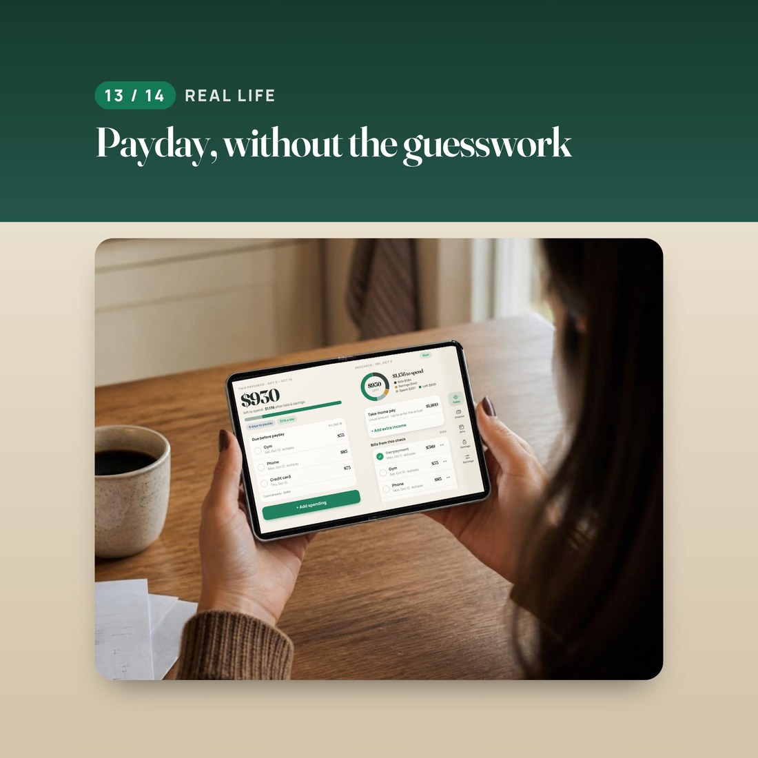 A person at a kitchen table holding an open foldable phone that shows the paycheck budget. AI-generated scene; the app screen is real.