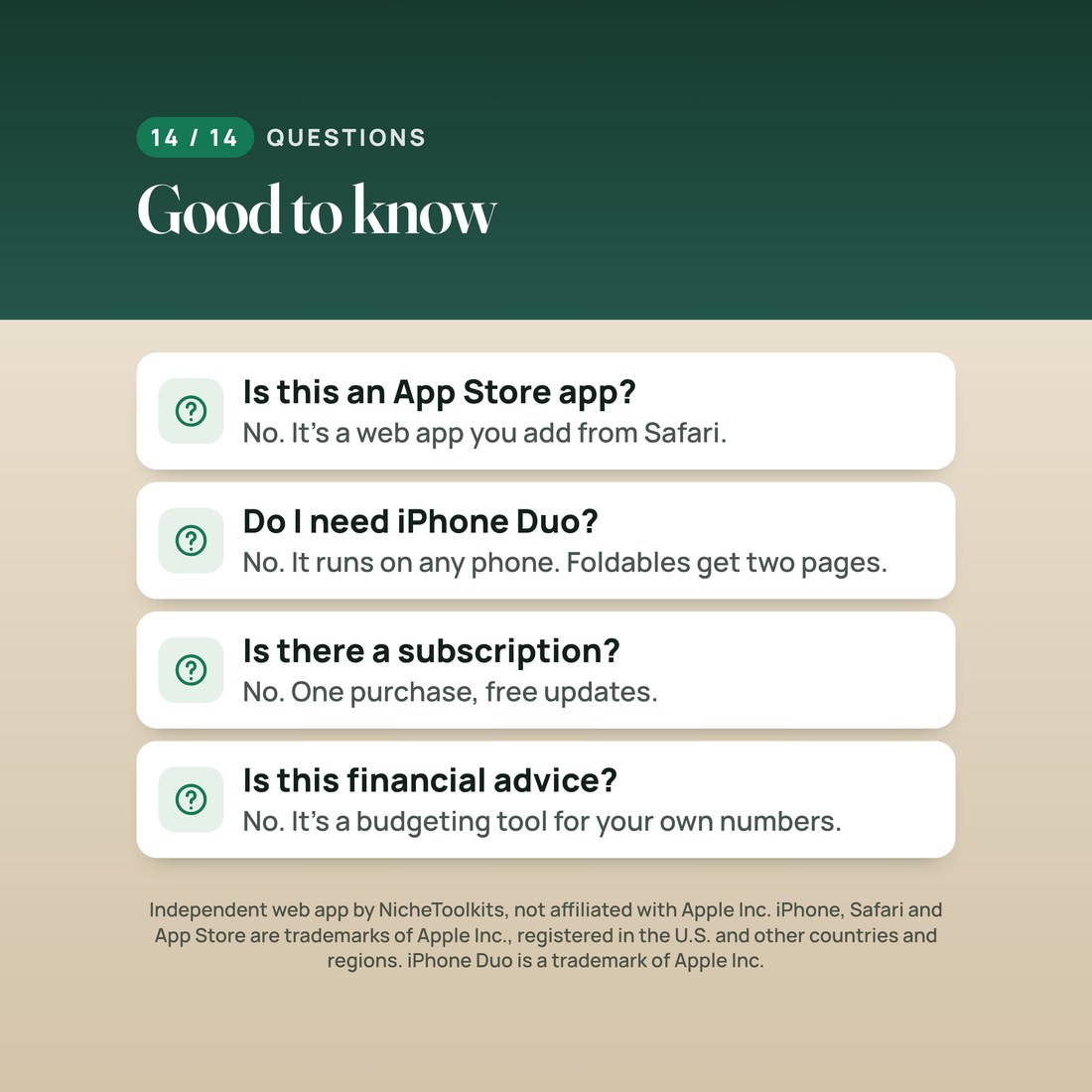 Questions: not an App Store app, it is a web app you add from Safari. Runs on any phone; foldables get two pages. No subscription. Not financial advice.