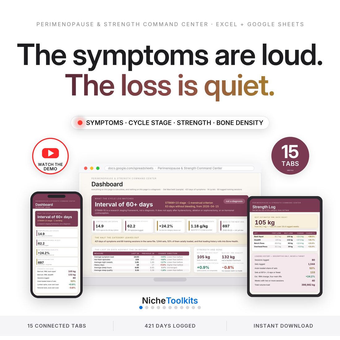 Perimenopause tracker spreadsheet for Excel and Google Sheets on laptop, tablet and phone — 15 connected tabs covering symptoms, STRAW+10 cycle staging, a strength log with estimated 1RM, and DXA bone density. Instant download.