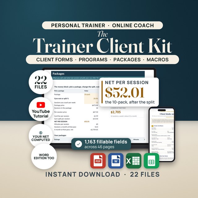 Personal Trainer + Online Coach Client System — Fillable PDF + Word + Spreadsheet
