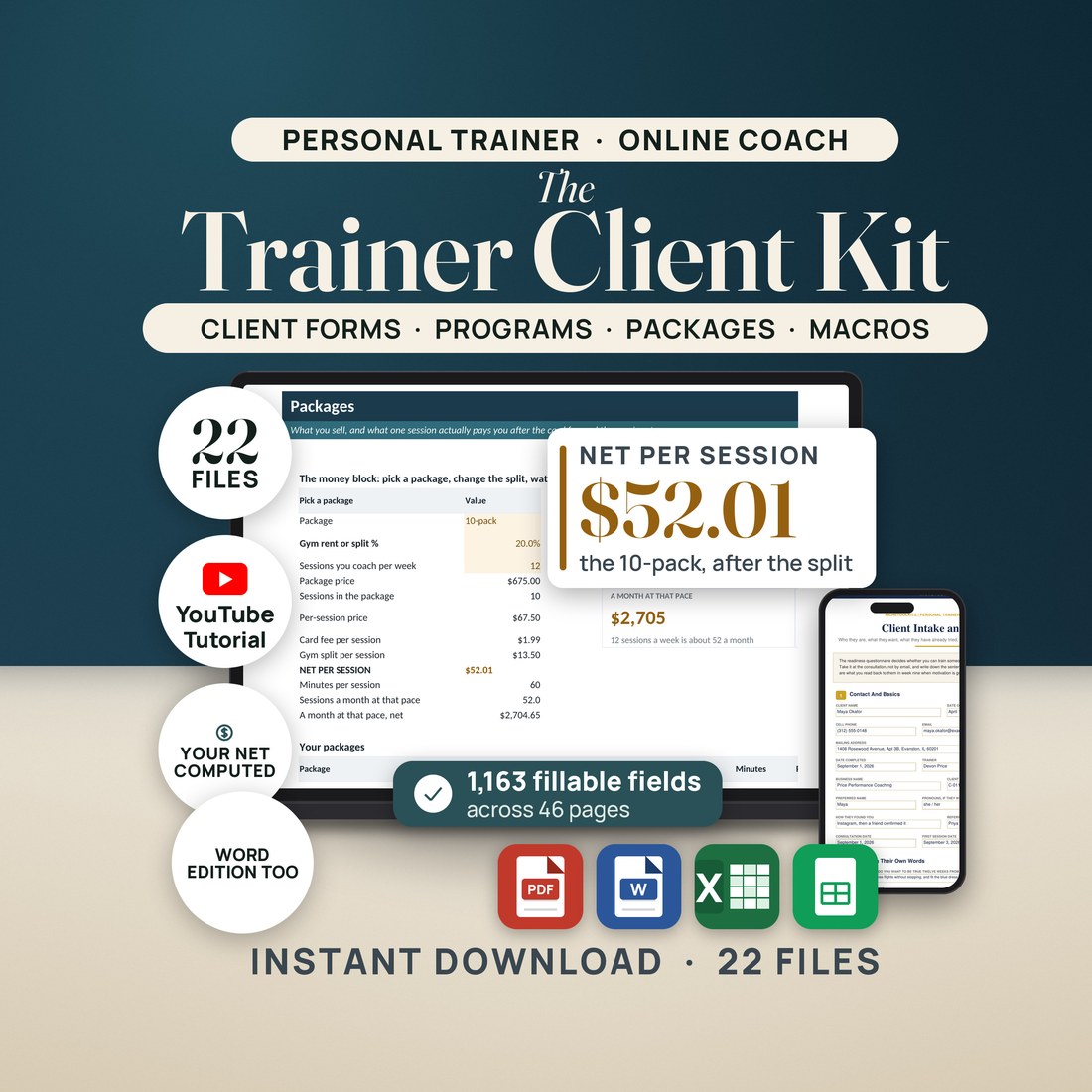 The Personal Trainer and Online Coach Client System on a laptop and tablet, with seals reading 22 files and 1,163 fillable fields.
