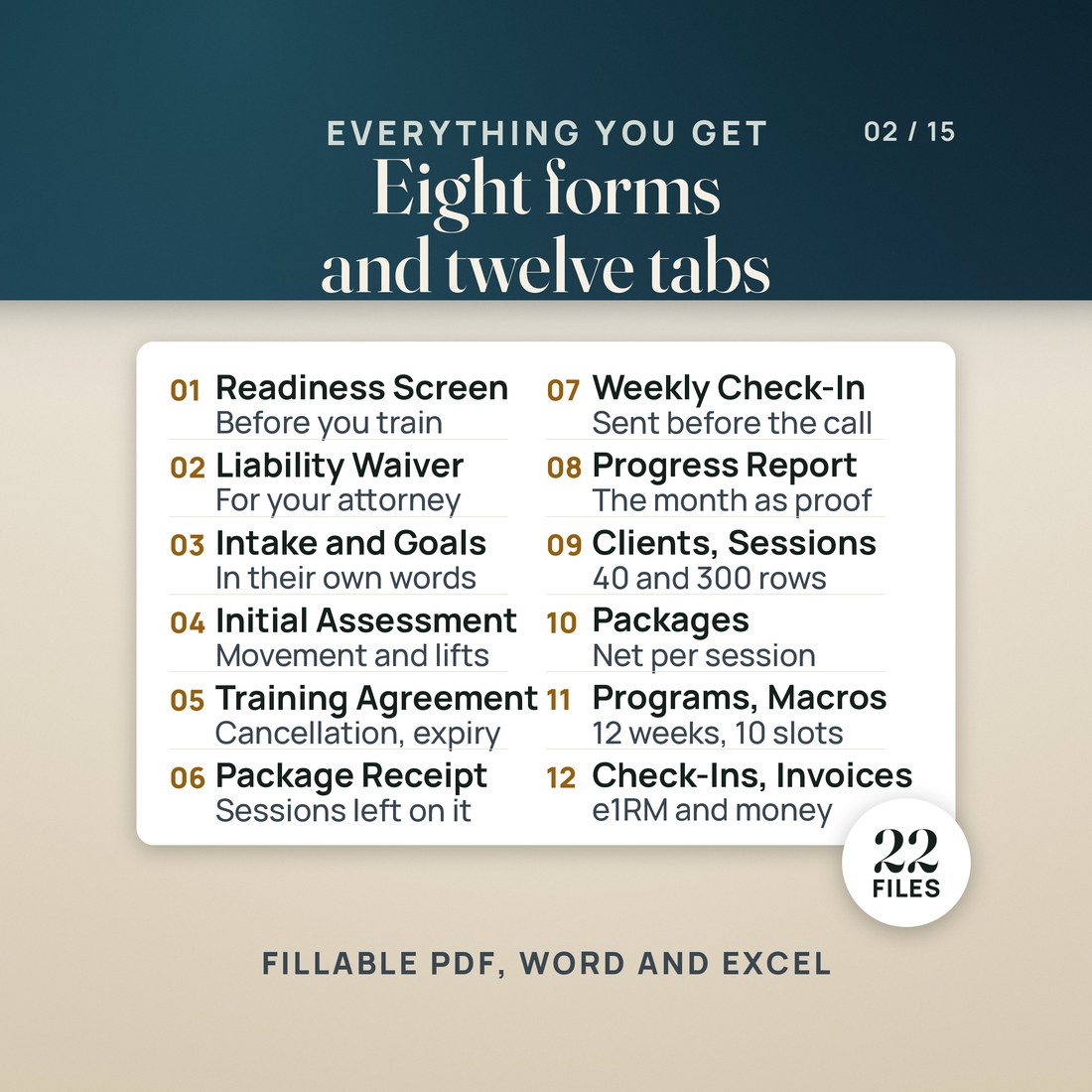 A panel listing what is inside: eight forms in PDF and Word, and a twelve tab workbook.