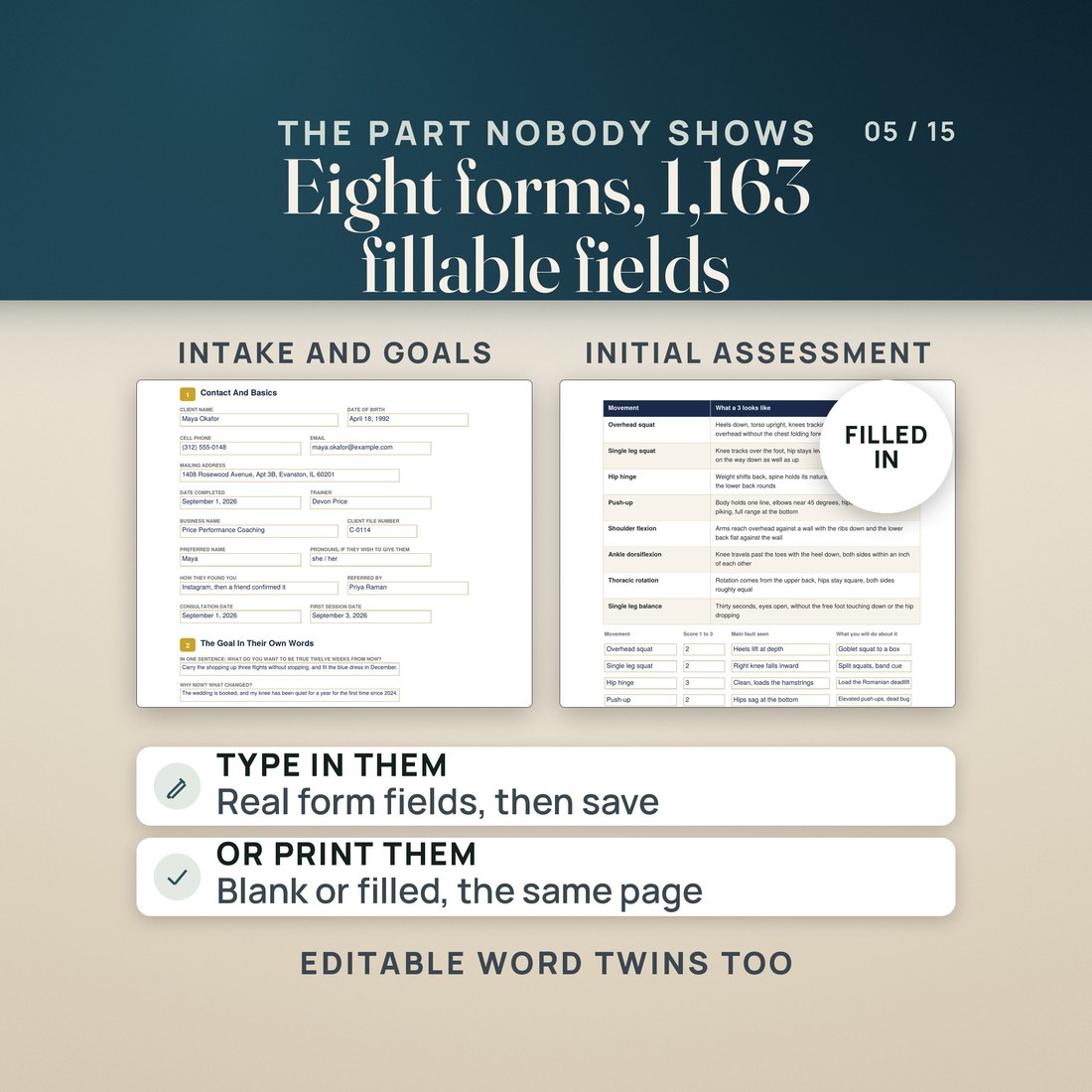 The eight client forms shown filled in, from the readiness questionnaire to the monthly progress report.