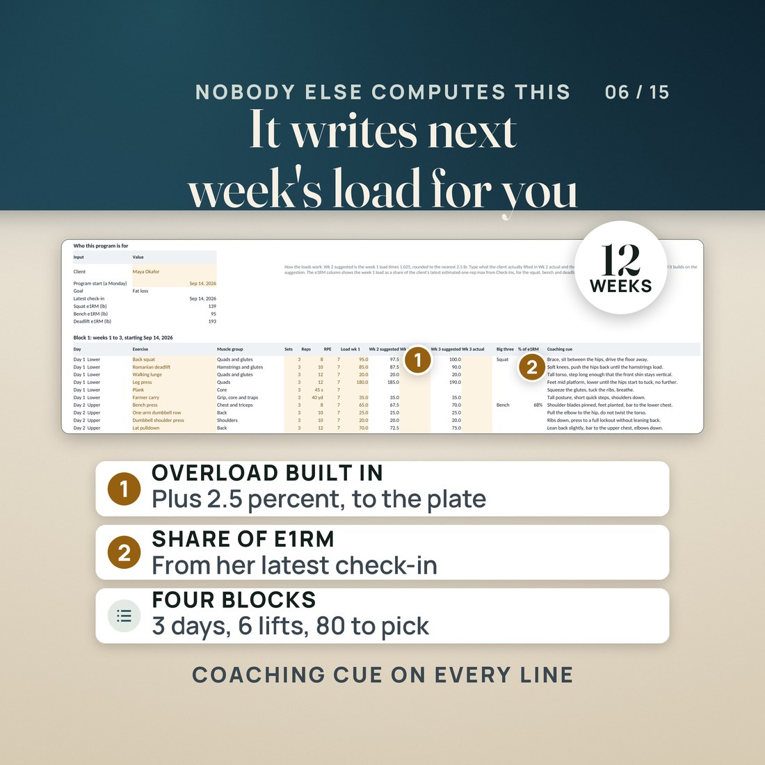 The Programs tab, twelve weeks built from the 80 exercise library.