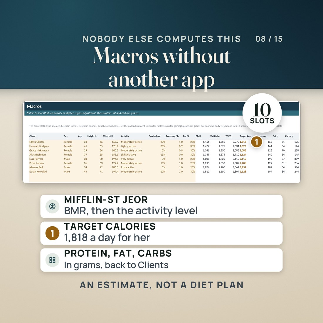 The Macros tab, daily calorie and macro targets from a Mifflin-St Jeor resting burn.
