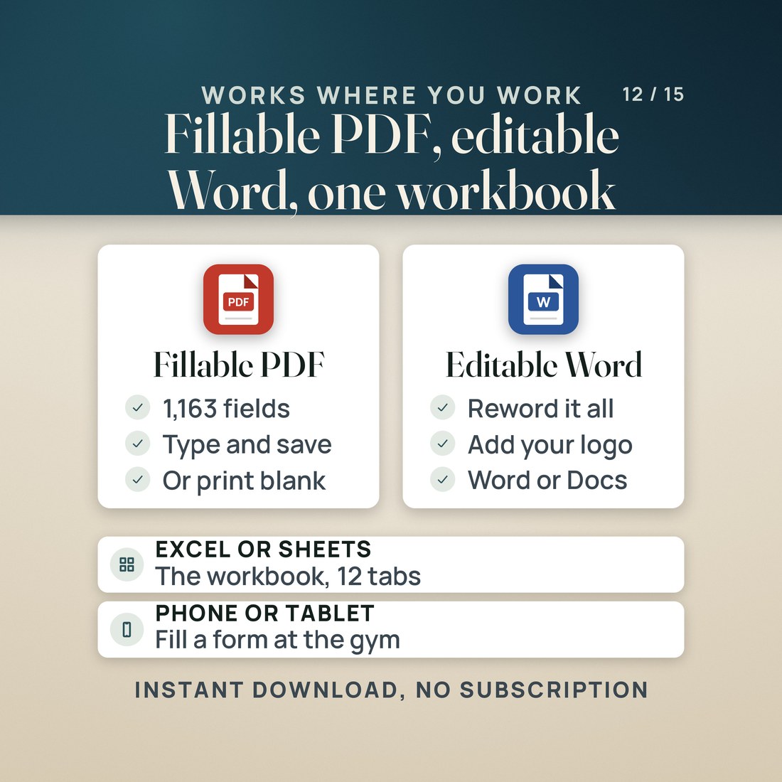 The forms in PDF and Word beside the workbook in Excel, on a laptop and a phone.