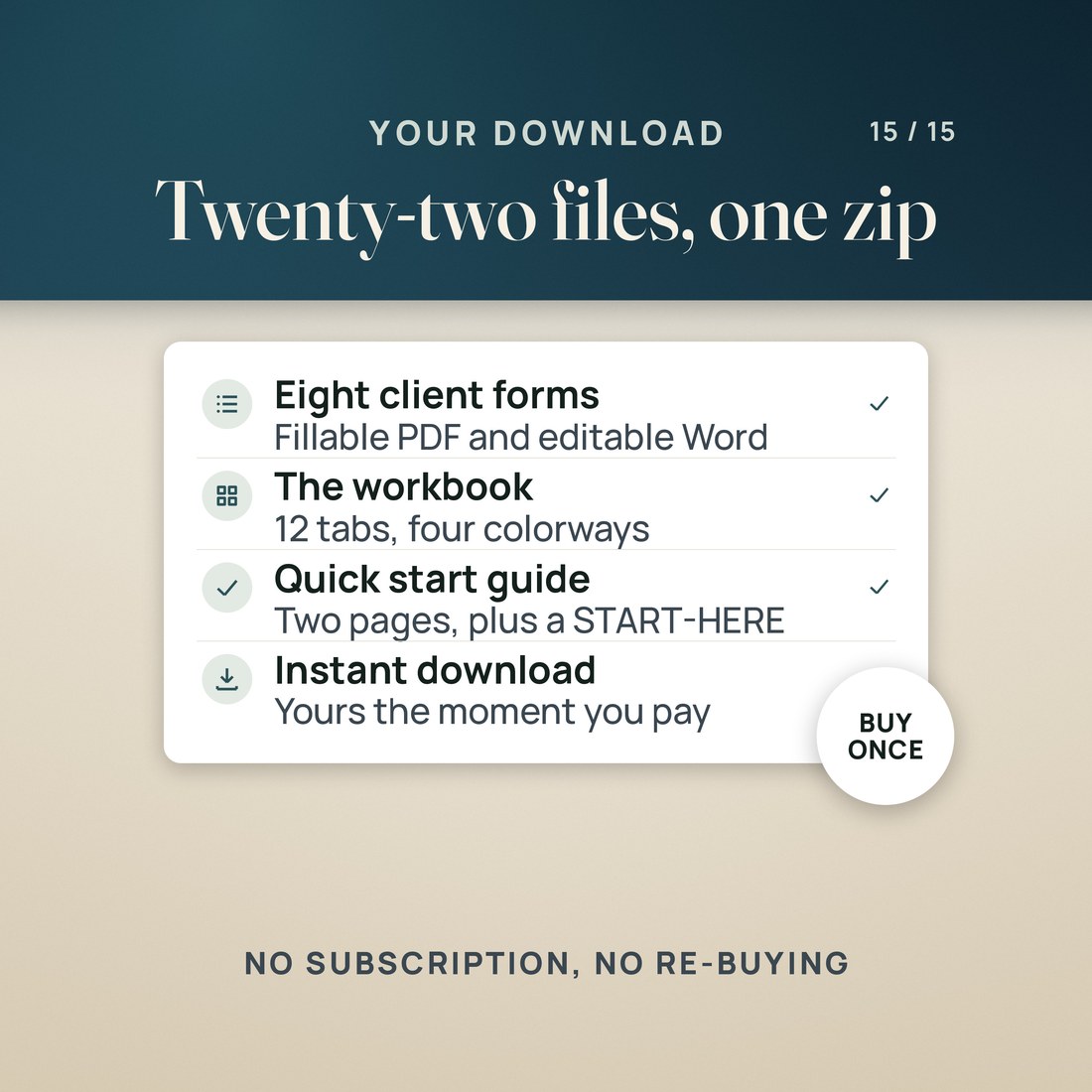 A receipt-style summary: 22 files, one zip, instant download.