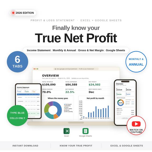 Income Statement & P&L — Spreadsheet System by NicheToolkits