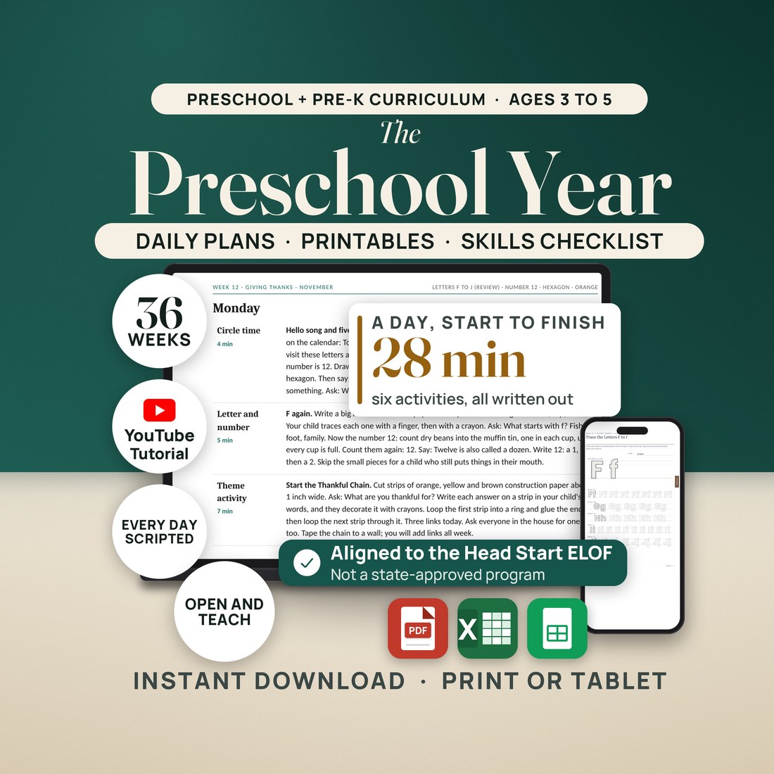 Hero for The Preschool Year, a preschool and pre-K curriculum for ages 3 to 5. A laptop shows the real Monday page of week 12, Giving Thanks, every activity written out. A chip reads a day start to finish, 28 min, six activities.