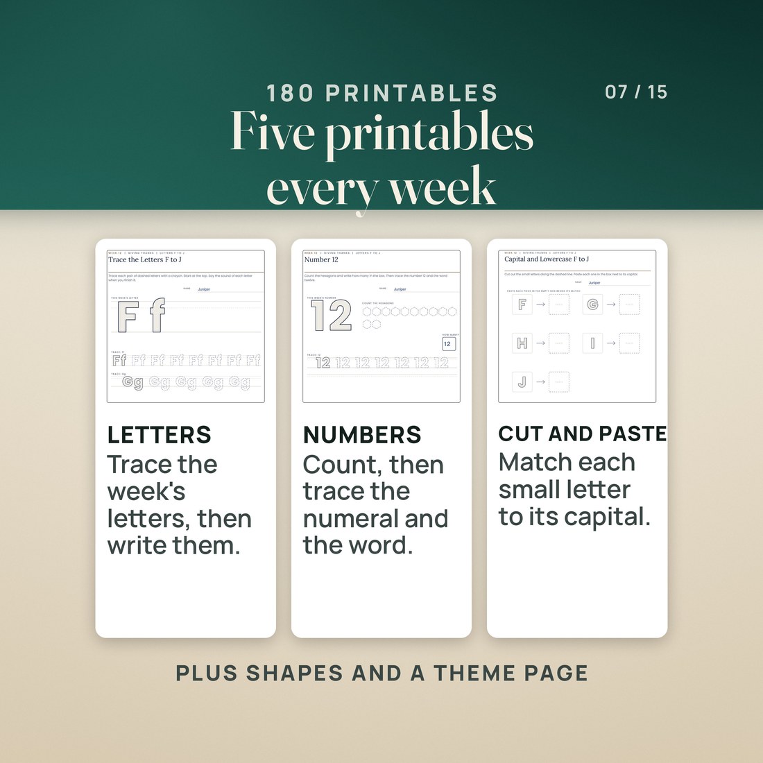 Three of the week 12 printables: trace the letters F to J with a model F and f and dashed rows, number 12 with hexagons to count and the numeral to trace, and a cut and paste page matching small letters to capitals.