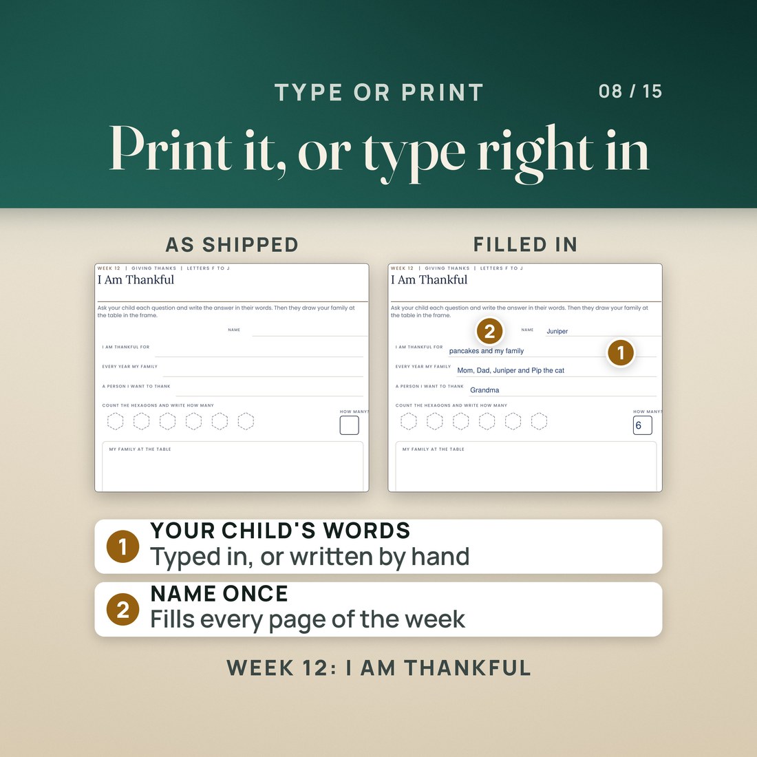 The week 12 theme page, I Am Thankful, shown as shipped and filled in. The filled copy reads Juniper, pancakes and my family, Mom, Dad, Juniper and Pip the cat, Grandma, and 6 hexagons counted. The name typed once fills every page of the week.