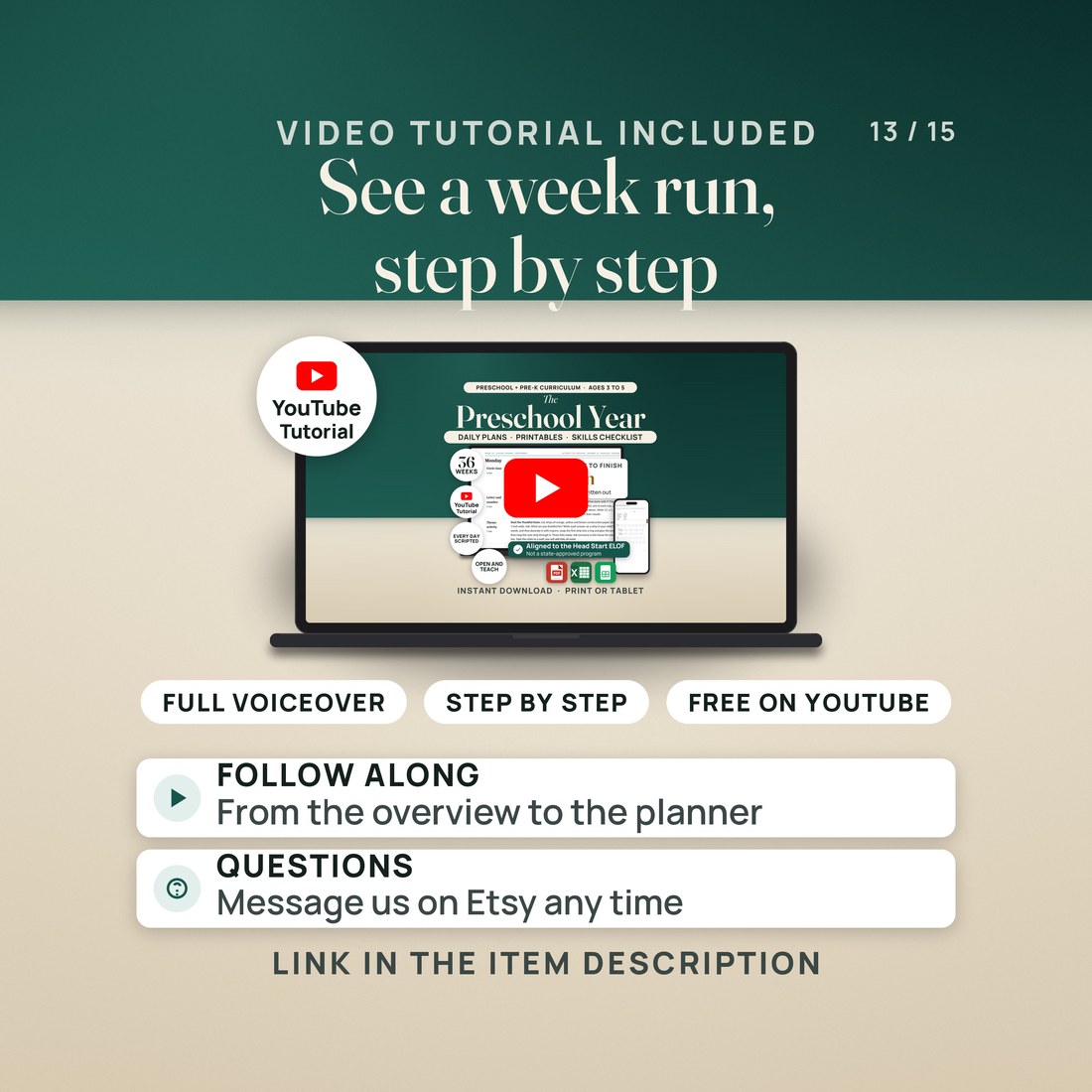 The video tutorial pane: a laptop shows the tutorial thumbnail, the hero image with a play button, and a YouTube tutorial seal. Pills read full voiceover, step by step and free on YouTube. The link is in the item description.
