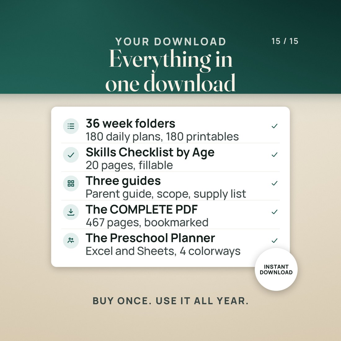 Everything in one download: 36 week folders with 180 daily plans and 180 printables, the Skills Checklist by Age of 20 fillable pages, three guides, the COMPLETE PDF of 467 pages with bookmarks.
