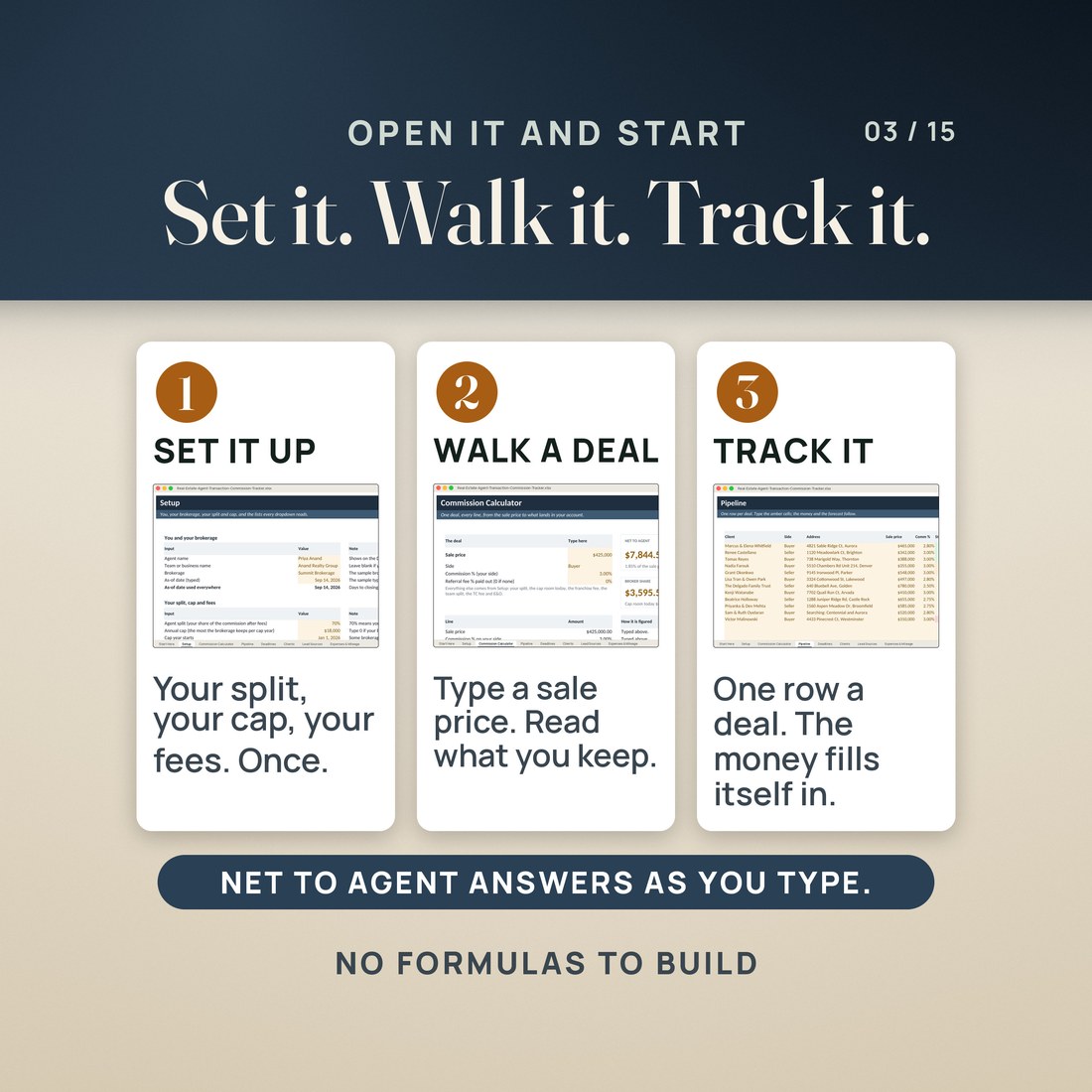 Three steps: set your split and cap, walk one deal, load the pipeline.