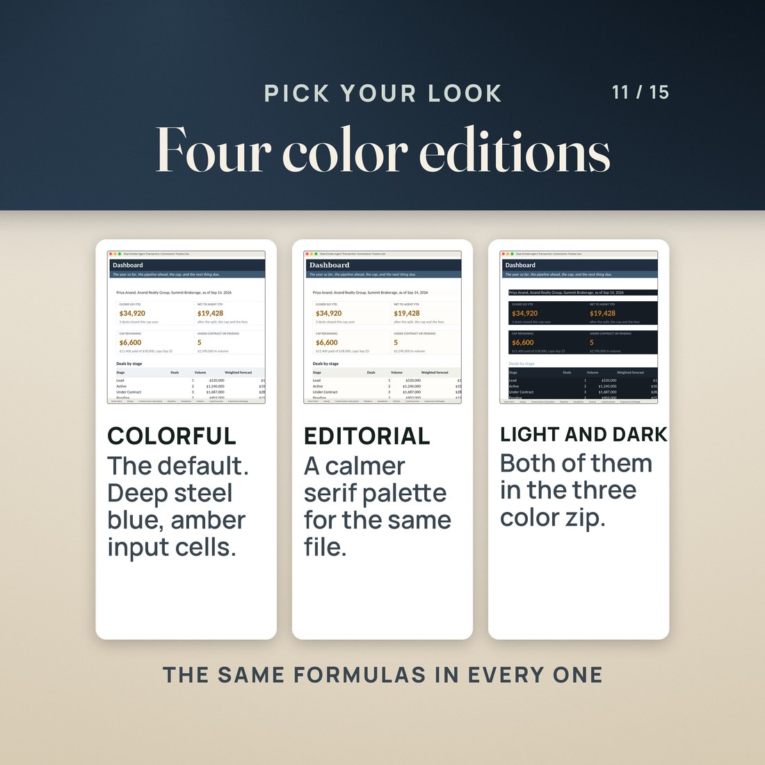The same workbook in four colorways: Colorful, Editorial, Light and Dark.