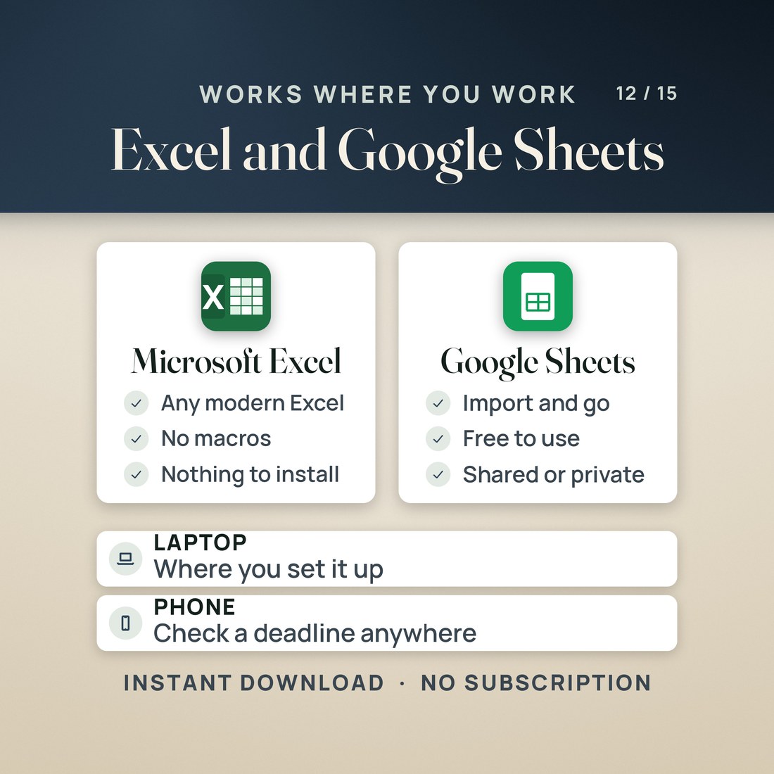 The workbook open in Excel and again in Google Sheets, on a laptop and a phone.