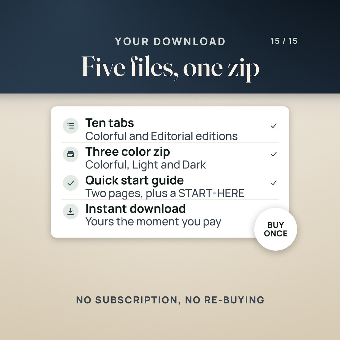 A receipt-style summary: six files, one zip, instant download.