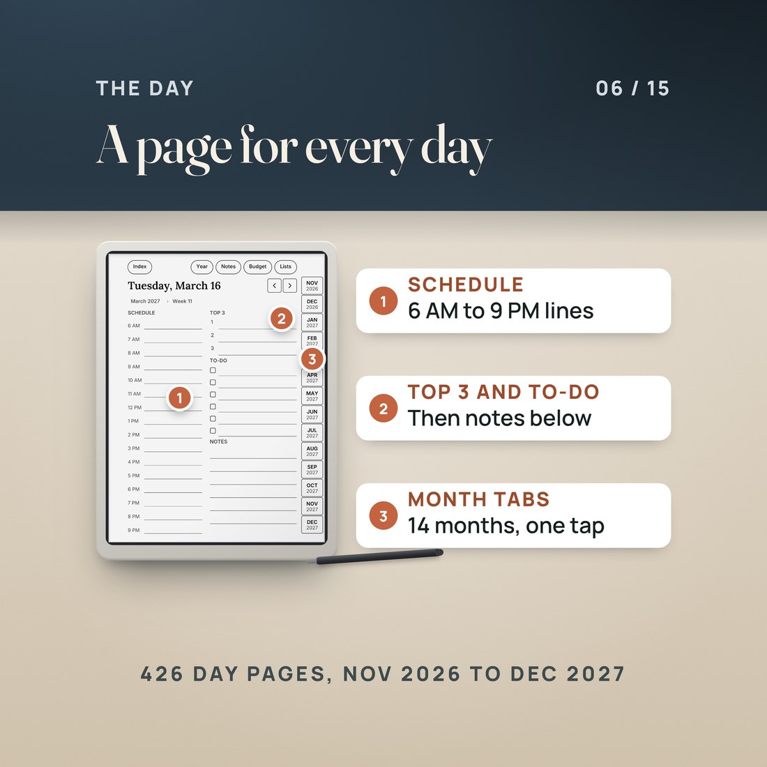 The Tuesday, March 16, 2027 day page: a schedule from 6 AM to 9 PM, Top 3, to-do boxes and notes, breadcrumbs back to March 2027 and Week 11, and the 14 month tabs down the right edge.