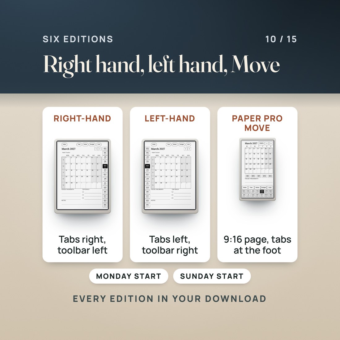 The six planner editions: right-hand tabs, left-hand tabs and the 9:16 Paper Pro Move layout with its tabs at the foot, each in Monday-start and Sunday-start. The March 2027 page shown on each.
