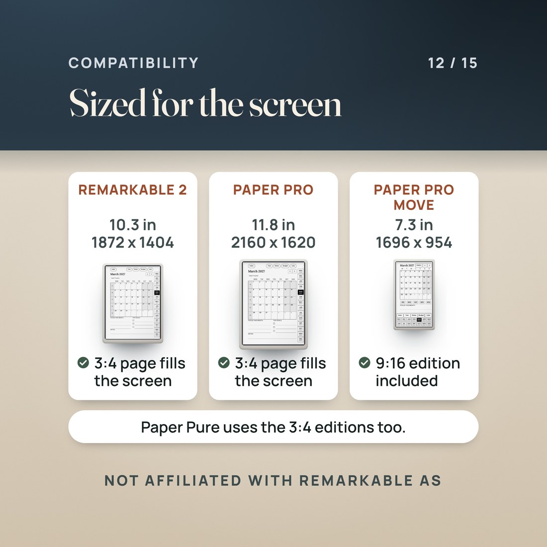 Sized for the screen: reMarkable 2 (10.3 in, 1872 x 1404) and Paper Pro (11.8 in, 2160 x 1620) use the 3:4 editions; Paper Pro Move (7.3 in, 1696 x 954) has its own 9:16 edition. Not affiliated with reMarkable AS.