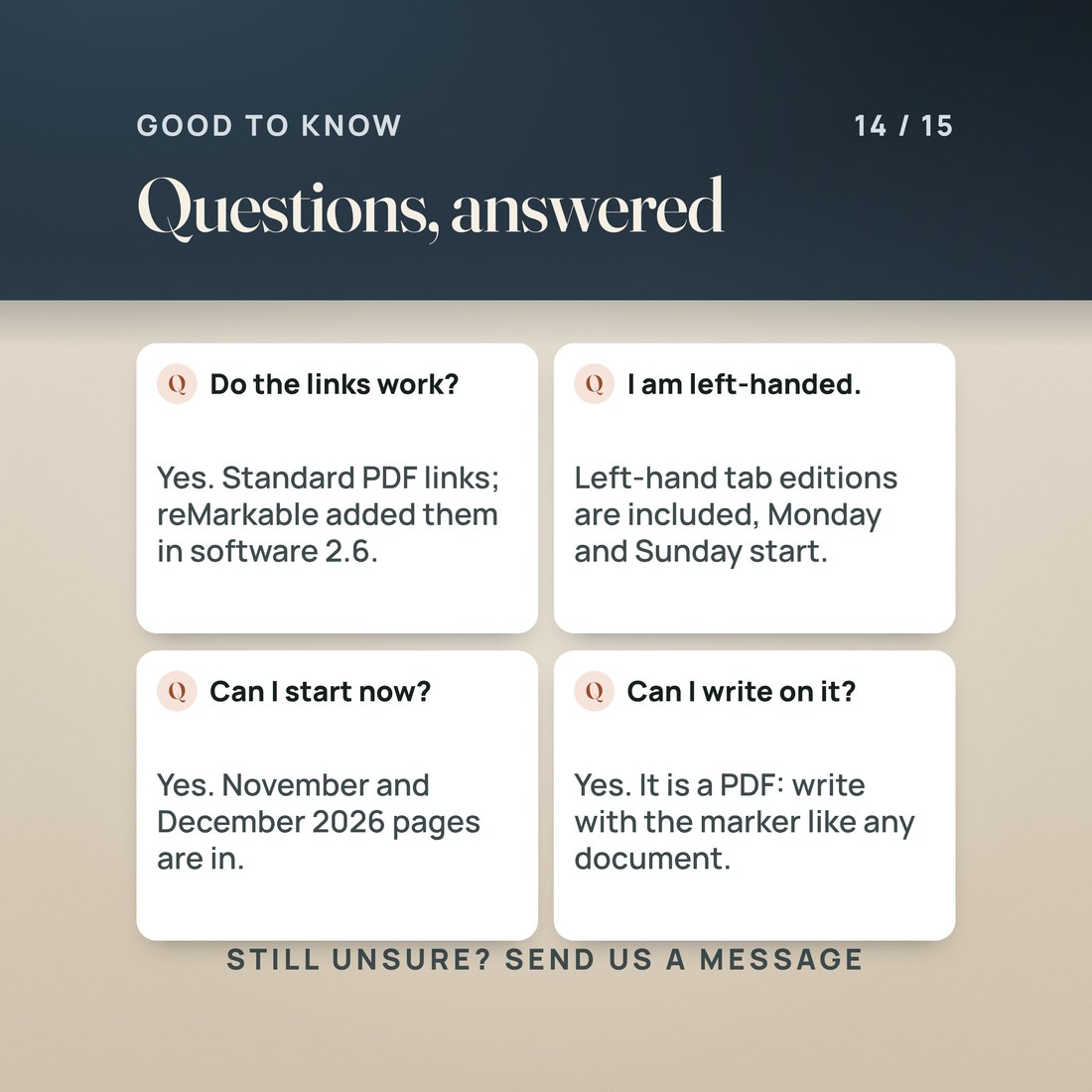 Questions answered: the links are standard PDF links (reMarkable software 2.6 and later), left-hand editions are included, November and December 2026 pages are in, and you write on it like any PDF.