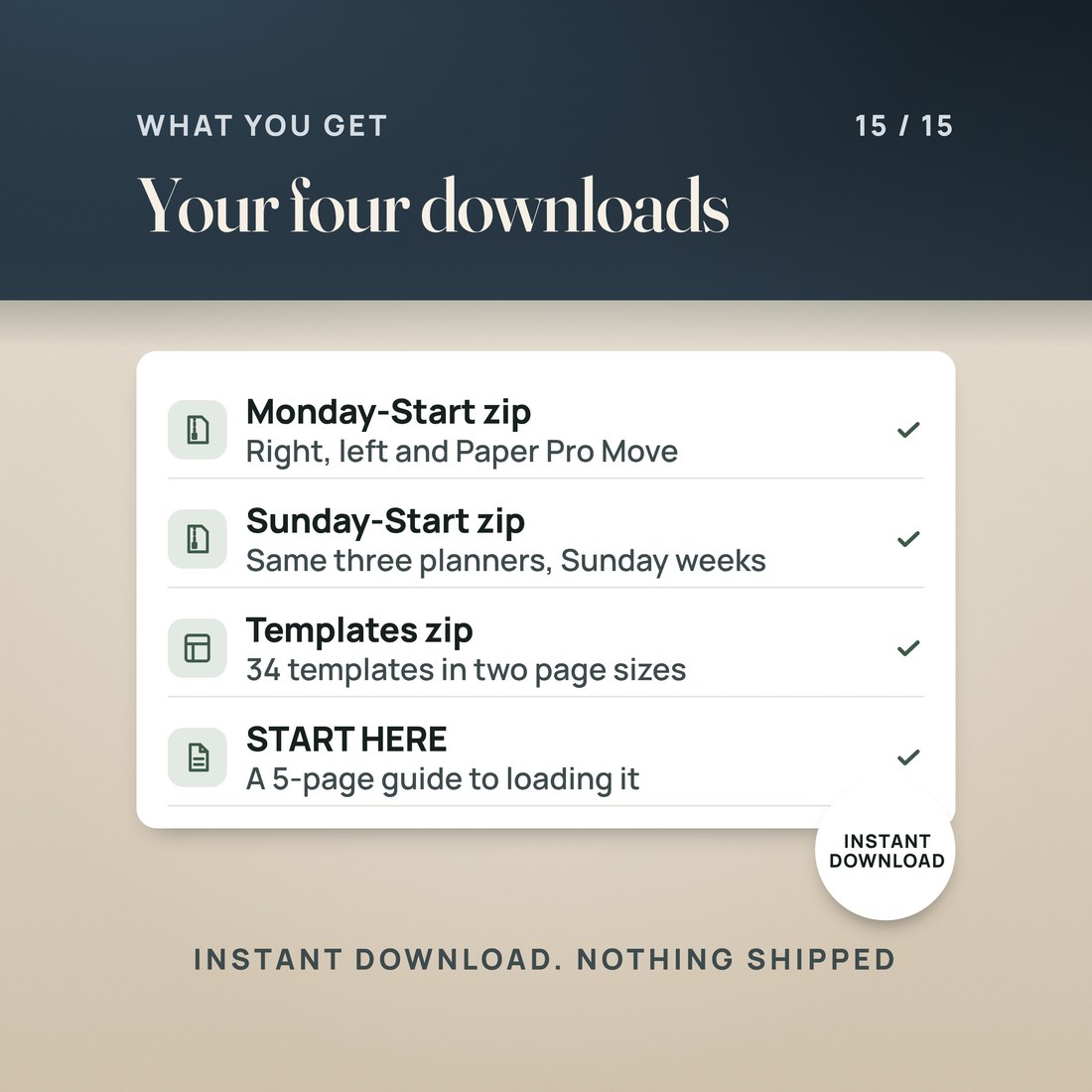What you get: the Monday-Start zip (right tabs, left tabs, Paper Pro Move), the Sunday-Start zip, the Templates zip with 34 templates in two page sizes, and a 5-page START HERE guide. Instant download.