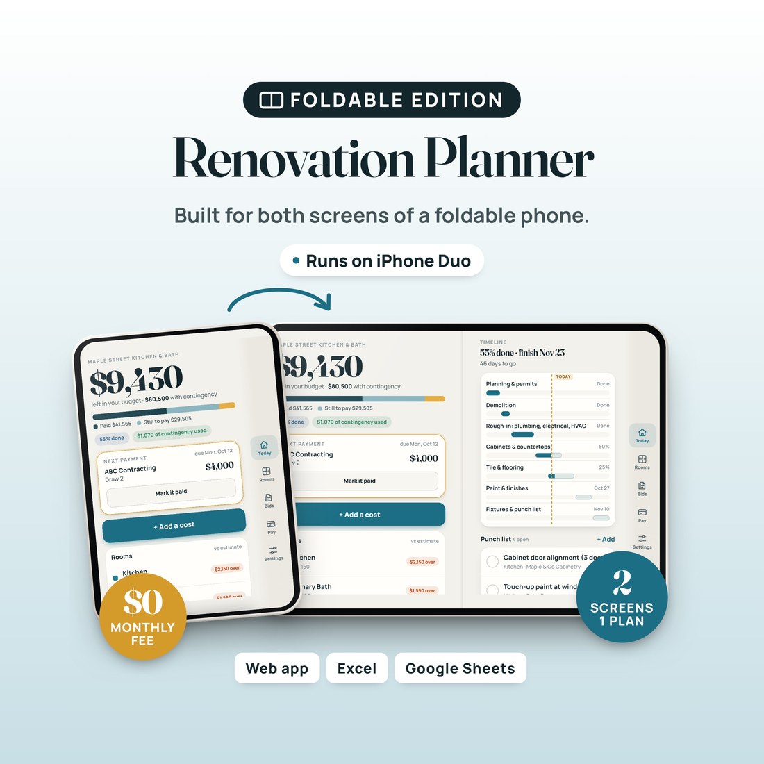 Renovation Planner, Foldable Edition: the renovation budget web app on a foldable phone, closed and open, showing $9,430 left in the budget. Includes the web app plus Excel and Google Sheets. No monthly fee.