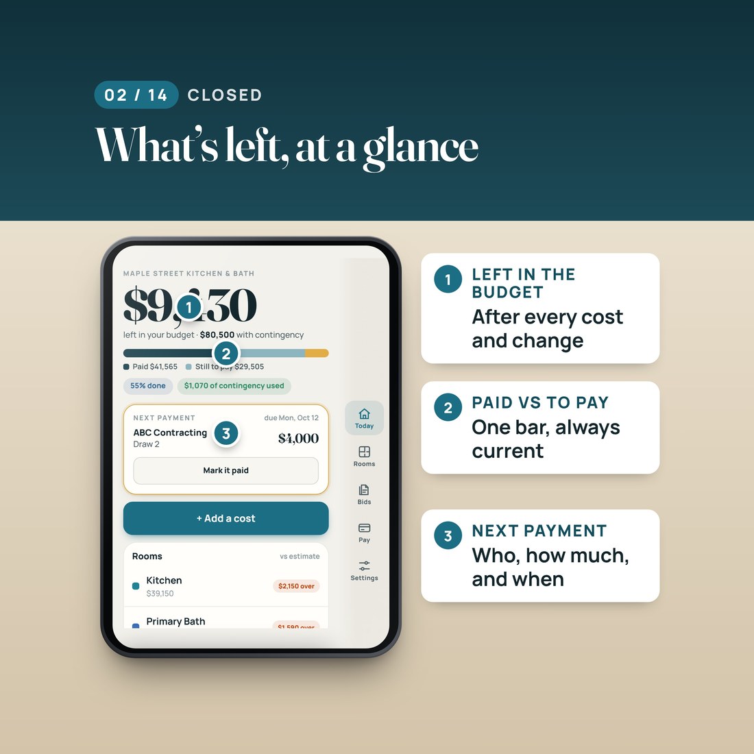 Closed screen: what's left in the budget after every cost and change, paid versus still to pay in one bar, and the next payment: who, how much and when.