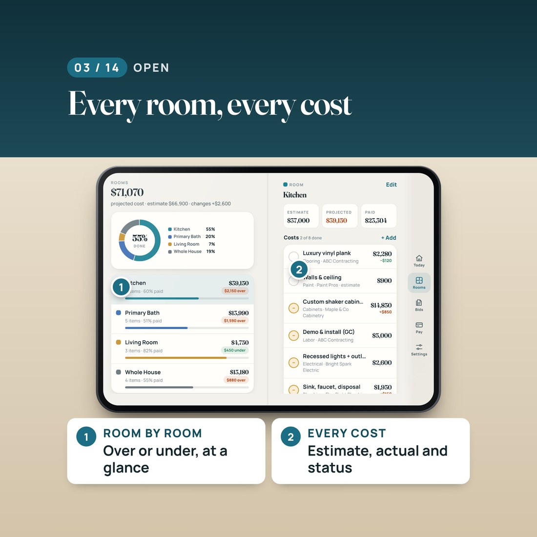 Open screen: every room and every cost. Each room over or under its estimate, and every cost with its estimate, real price and status.