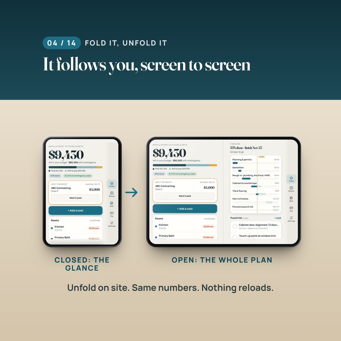 Fold it, unfold it: the same numbers on the closed screen and the open screen. Nothing reloads.
