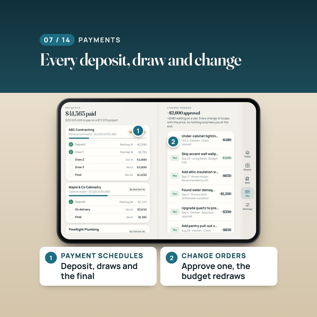 Every deposit, draw and change: payment schedules for each contractor, and change orders you approve or turn down.
