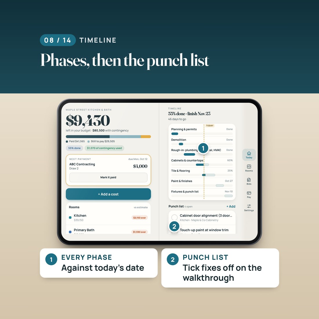 Phases, then the punch list: every phase against today's date, and the fixes to tick off on the walkthrough.