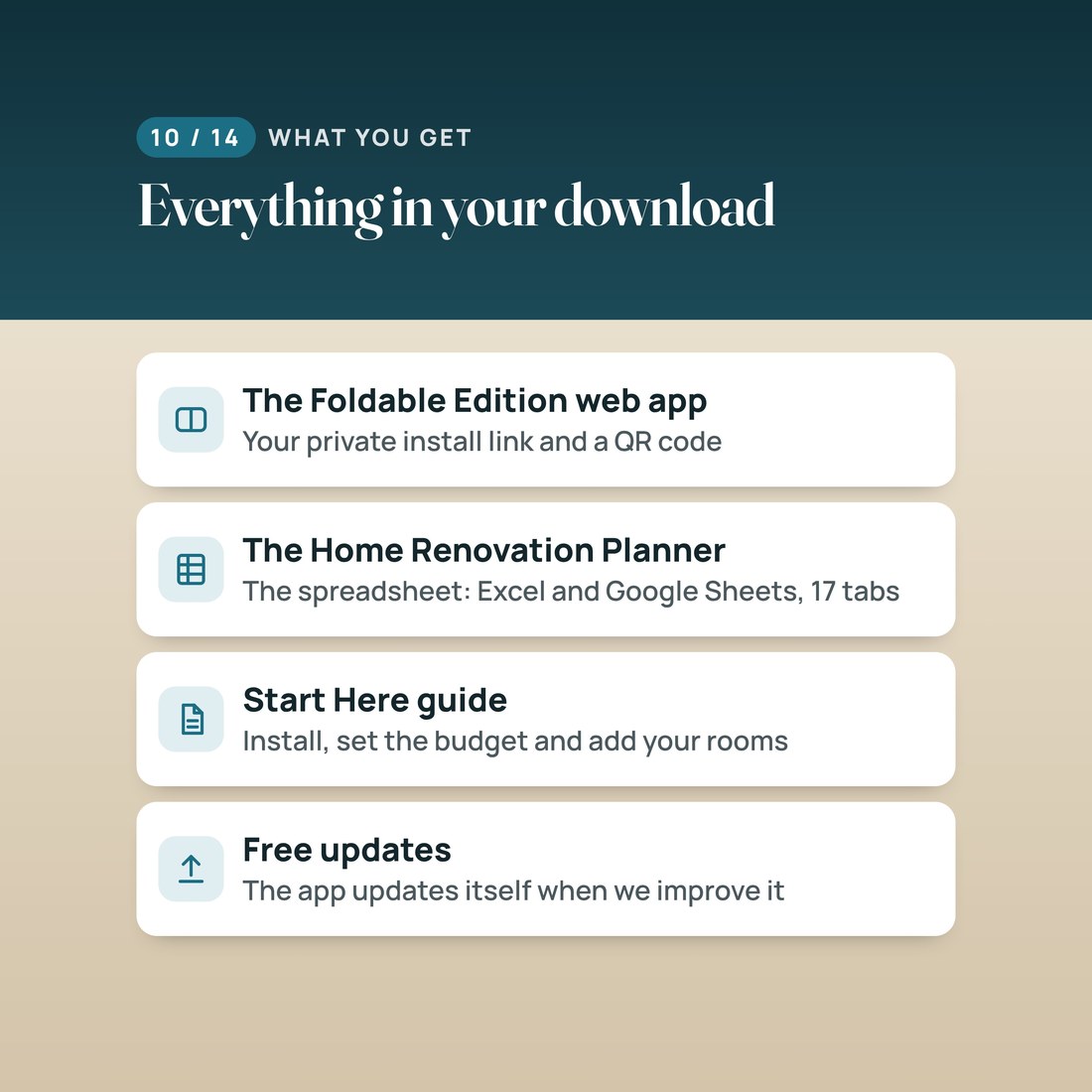 What you get: the Foldable Edition web app with your private install link and QR code, the Home Renovation Planner spreadsheet for Excel and Google Sheets, a Start Here guide, and free updates.