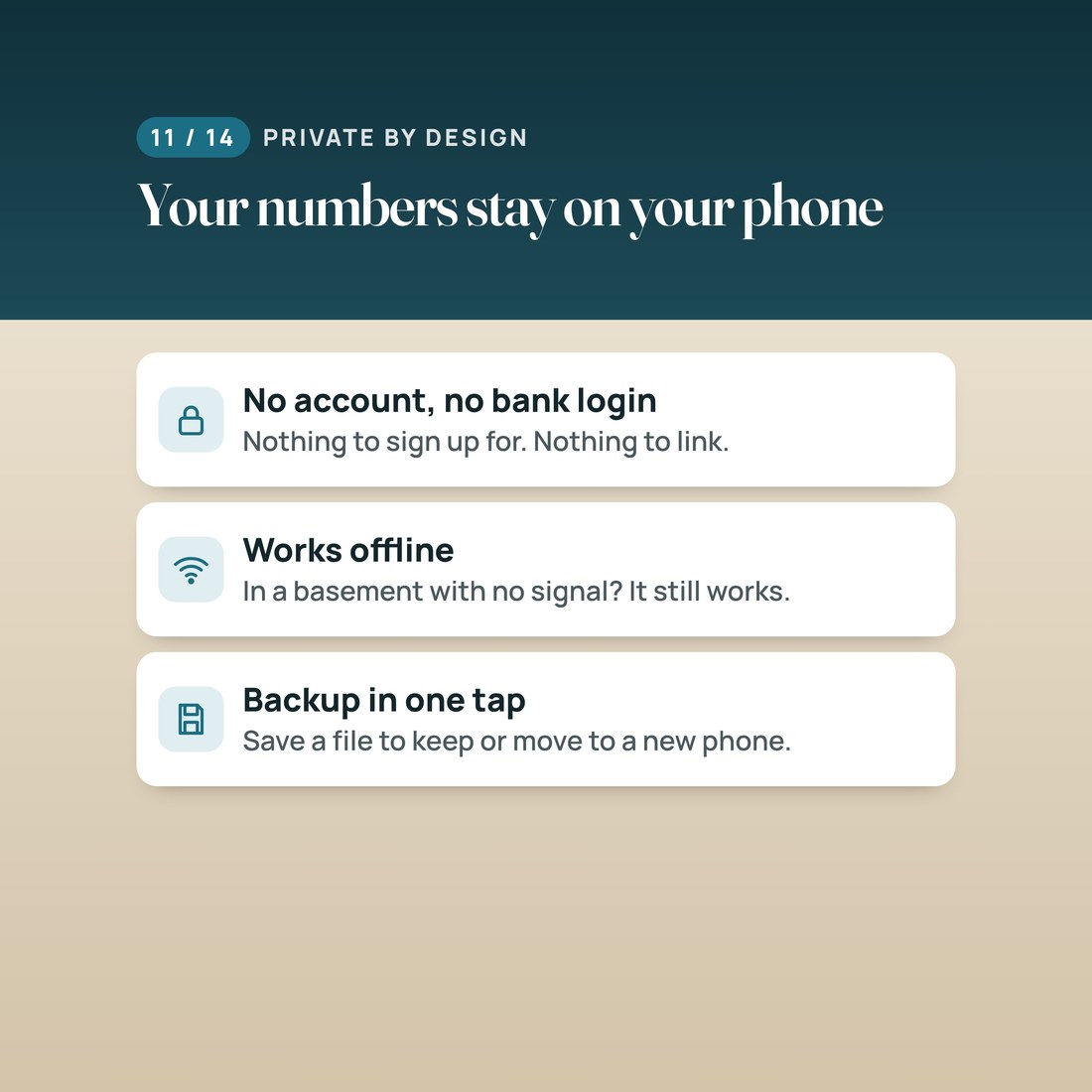 Private by design: no account and no bank login, works offline even in a basement with no signal, and backup in one tap.