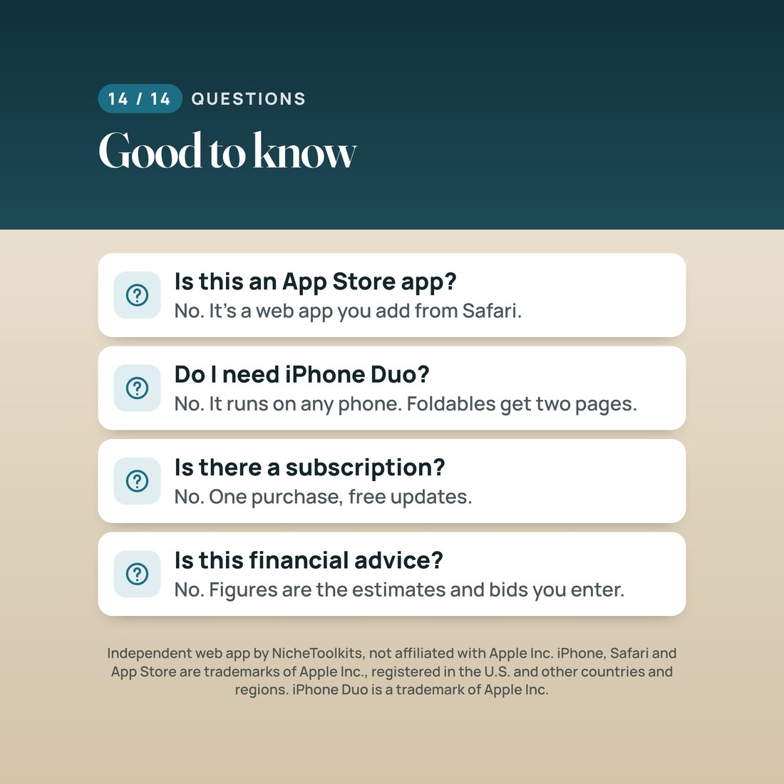 Questions: not an App Store app, it is a web app you add from Safari. Runs on any phone; foldables get two pages. No subscription. Not financial advice.