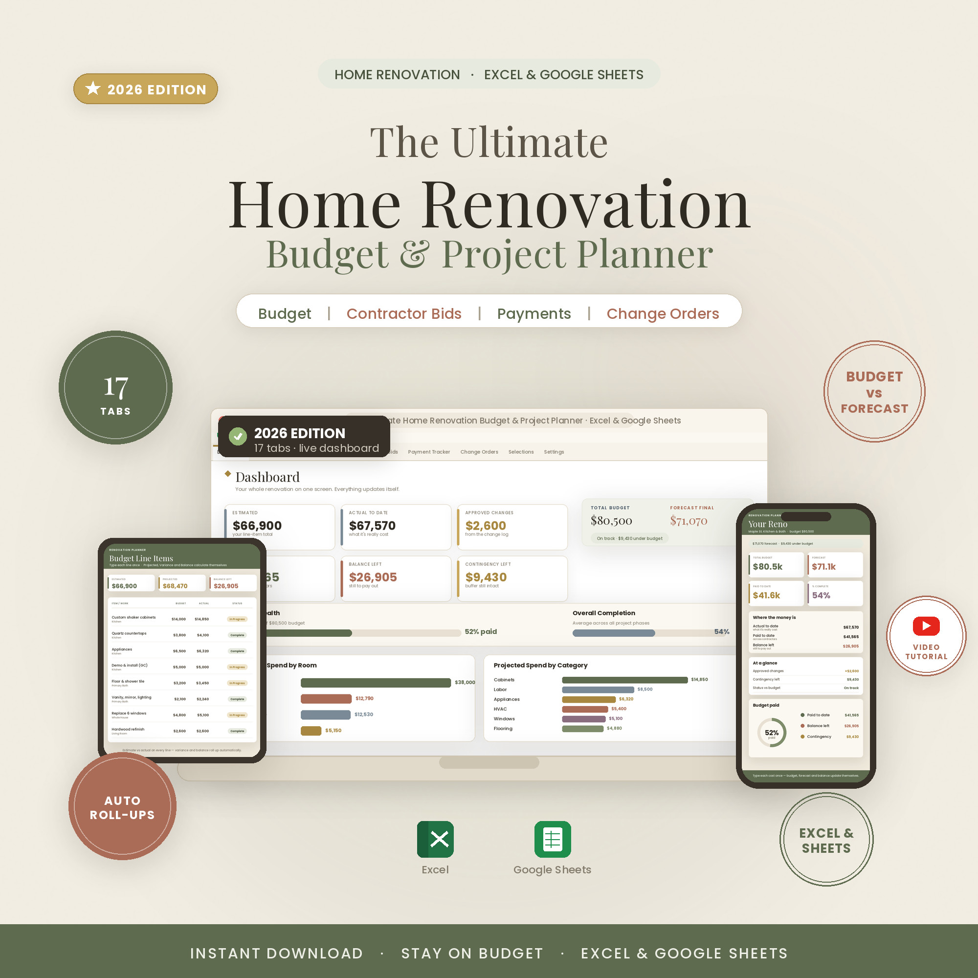 The Ultimate Home Renovation Budget and Project Planner: 17 tabs, budget vs forecast, contractor bids, payments and change orders, shown on laptop, tablet and phone