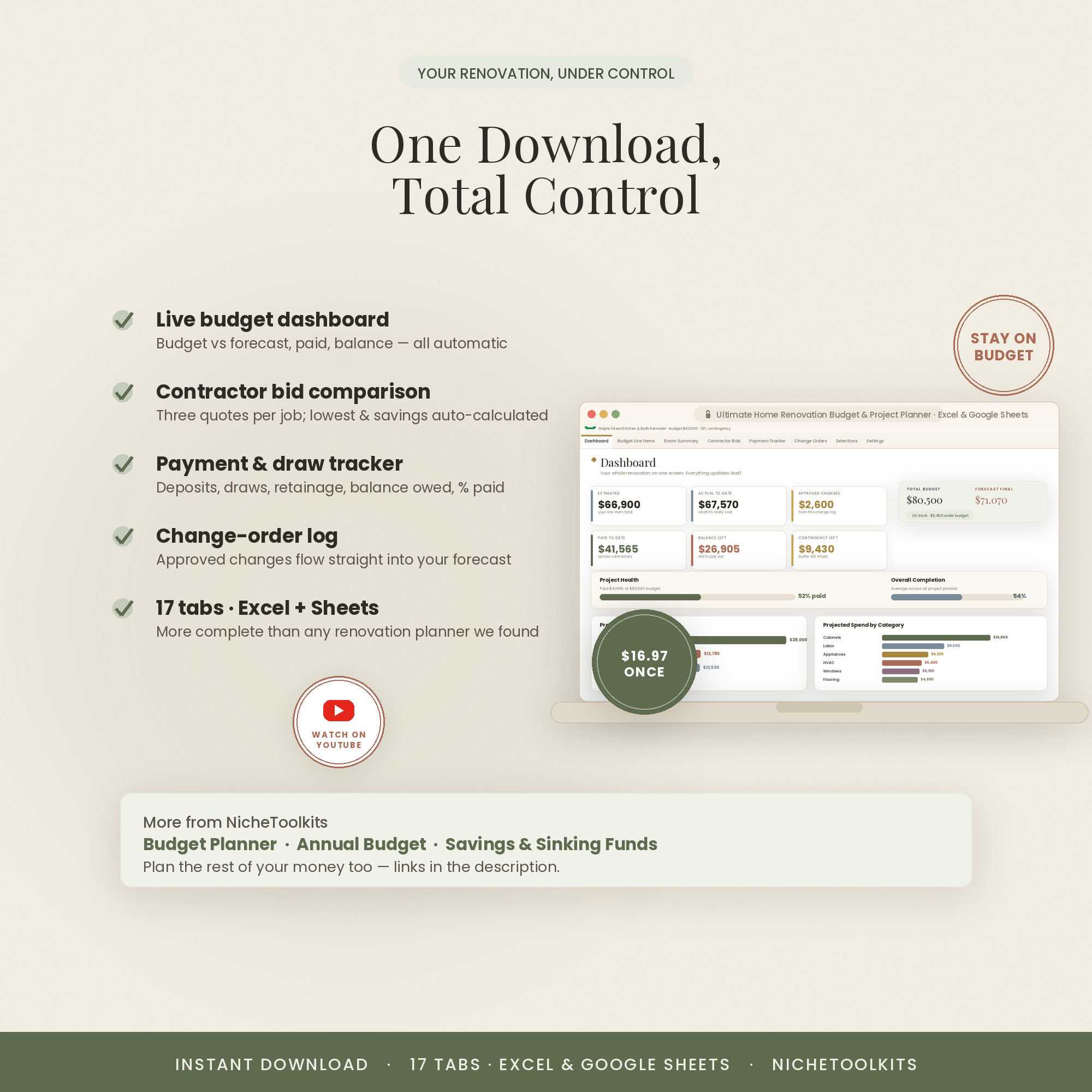 One download, total control: live budget dashboard, contractor bids, payment and draw tracker, change-order log, 17 tabs for Excel and Google Sheets