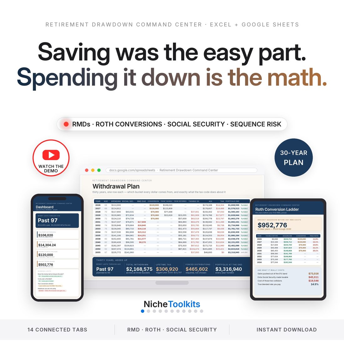 Retirement drawdown spreadsheet for Excel and Google Sheets on laptop, tablet and phone — a 30-year withdrawal plan with RMD schedule, Roth conversion ladder and Social Security timing. Instant download.