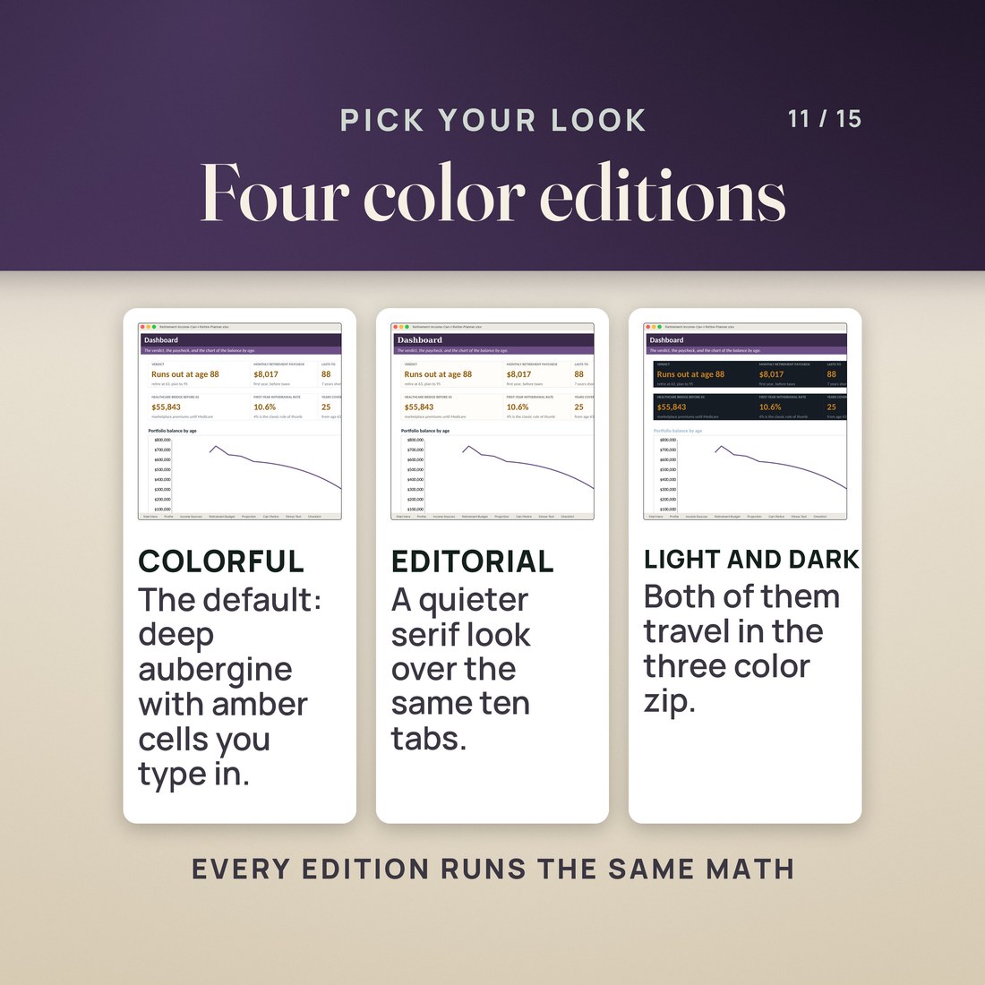 The same workbook in four colorways: Colorful, Editorial, Light and Dark.