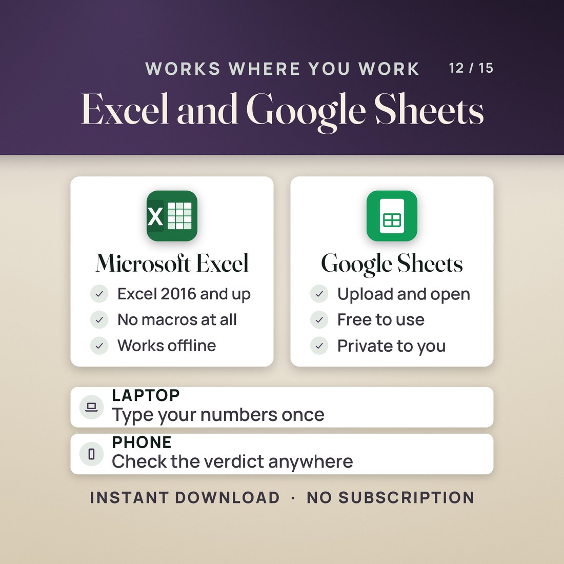 The workbook open in Excel and again in Google Sheets, on a laptop and a phone.