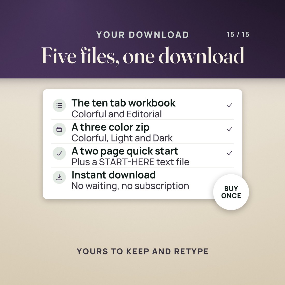A receipt-style summary: six files, one zip, instant download.