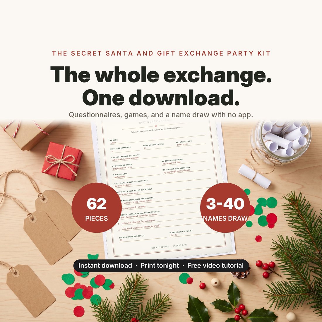 Secret Santa & Gift Exchange Party Kit: the whole exchange in one download, with questionnaires, games, and a name draw with no app, shown on a holiday table with 62 pieces and a 3 to 40 names draw.