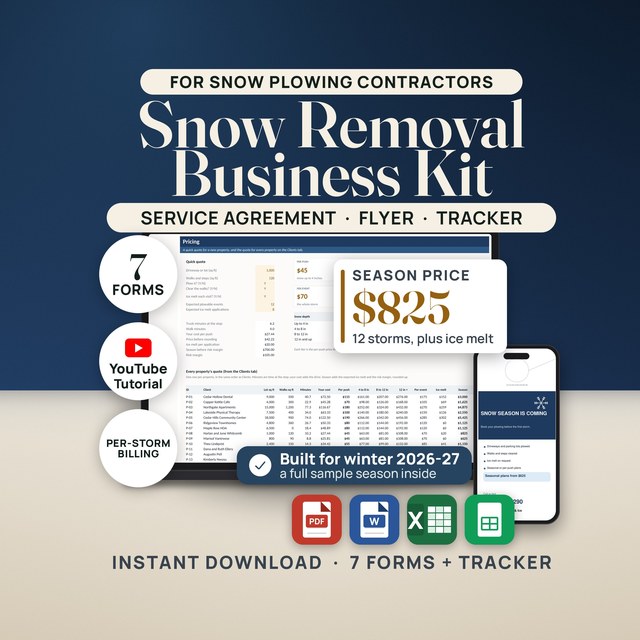 Snow Removal Business Kit — Fillable PDF + Word + Spreadsheet