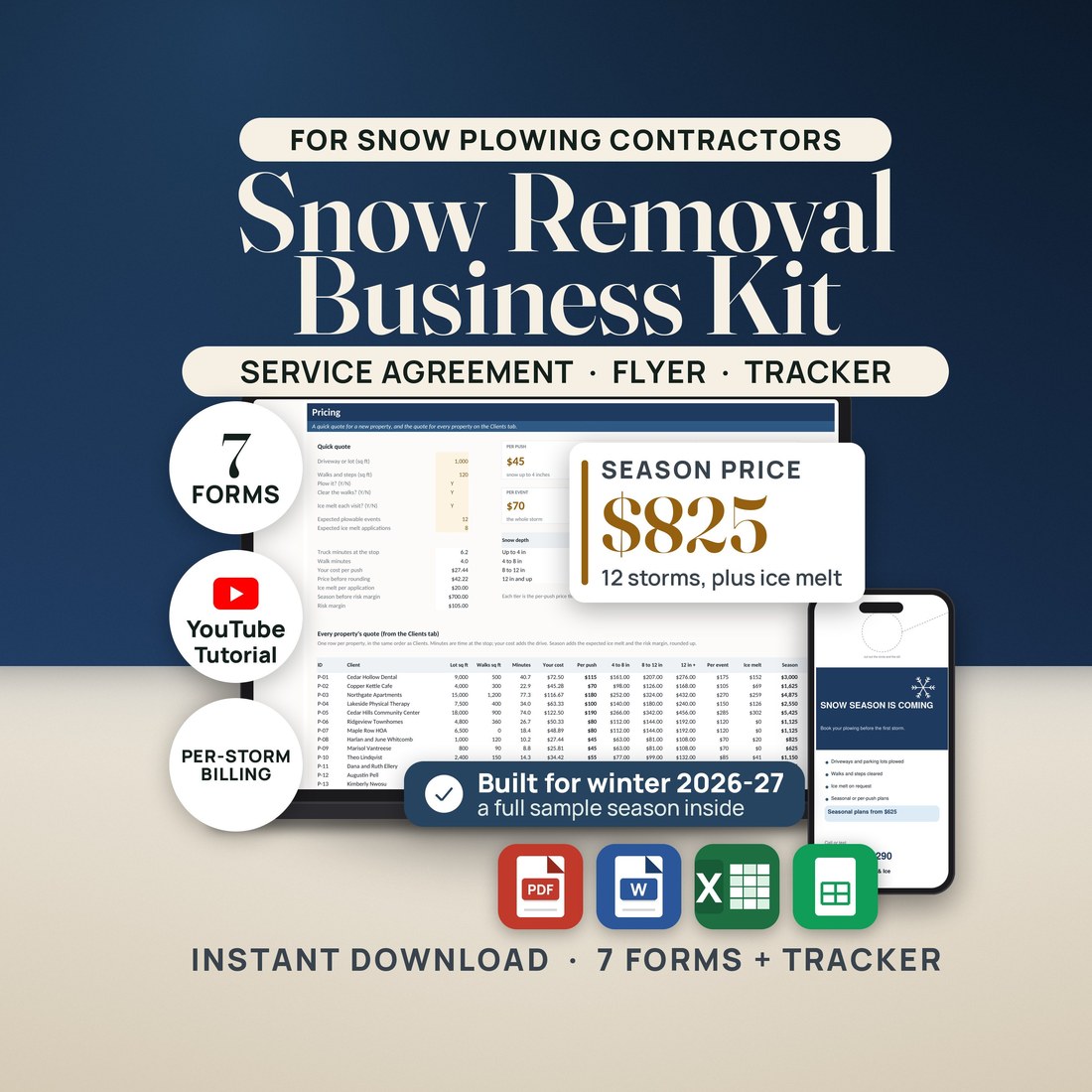 Snow Removal Business Kit on a laptop and phone: the Pricing tab with a season price of $825 for 12 storms plus ice melt, 7 fillable forms, a YouTube tutorial and per-storm billing, for PDF, Word, Excel and Google Sheets.