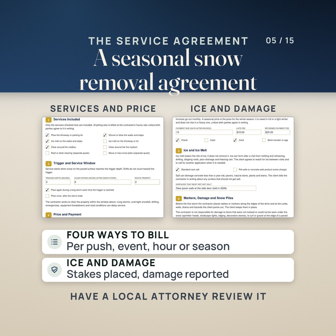 Pages of the seasonal snow removal service agreement: services and price for per push, per event, hourly or seasonal contracts, and the ice melt, stakes and damage terms.
