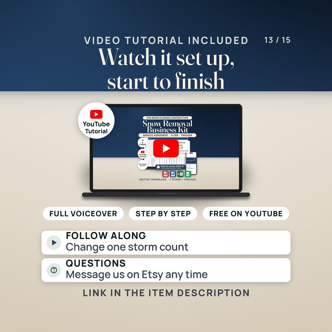 A free narrated video tutorial on YouTube walks through the kit step by step, starting with changing one storm count. The link is in the item description.