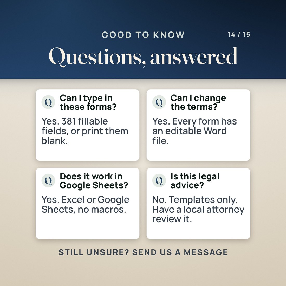 Questions answered: type into the forms (381 fillable fields), change the terms in Word, use Excel or Google Sheets, and the agreement is a template for a local attorney to review.