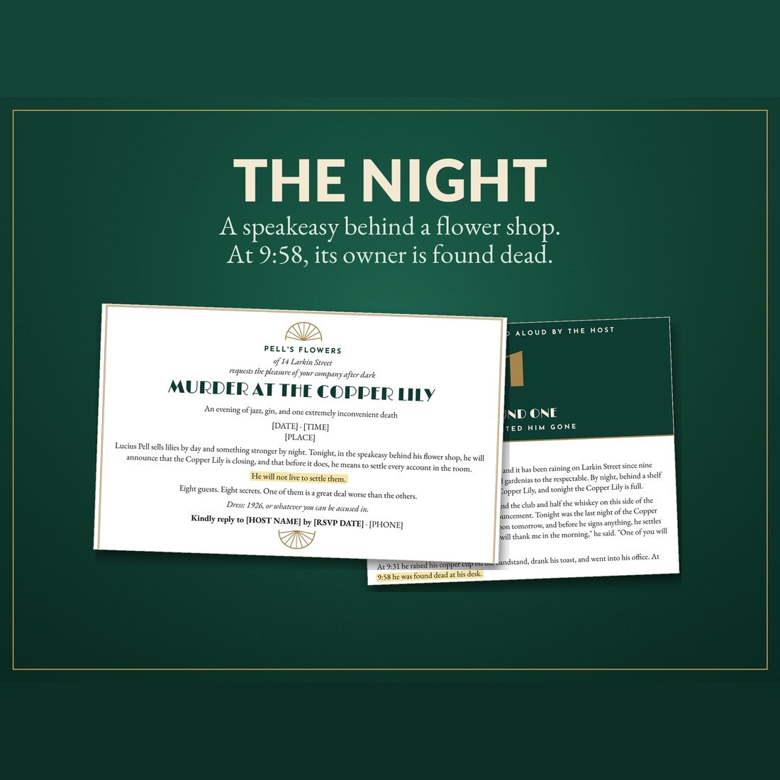 The night: Round Card 1 and the formal invitation from the kit. A speakeasy hides behind a flower shop, and at 9:58 its owner is found dead. Marked: He will not live to settle them.