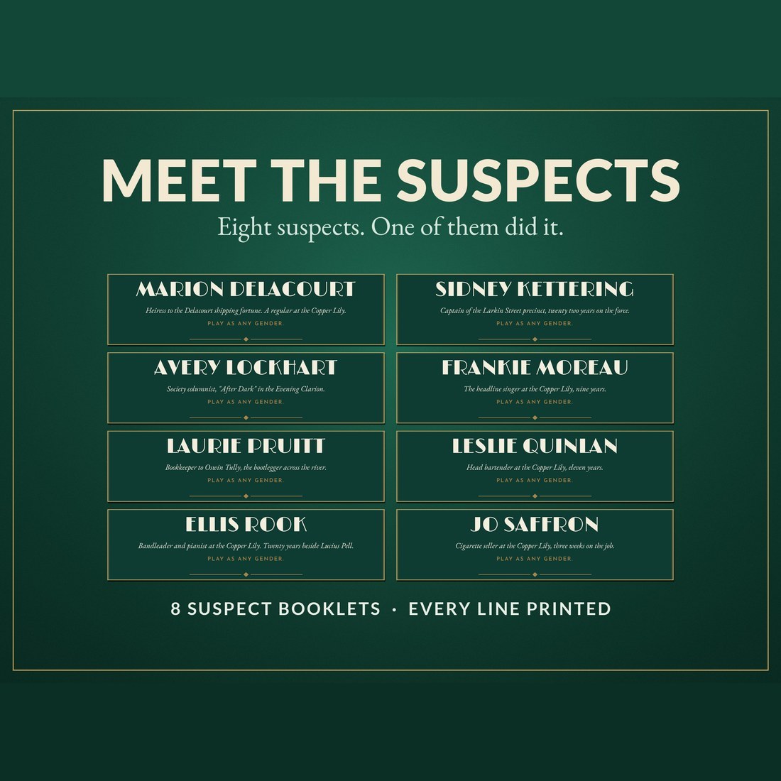 Meet the suspects: the name, role and Play as any gender line of all 8 suspect booklets, cropped from the real emerald booklet covers.