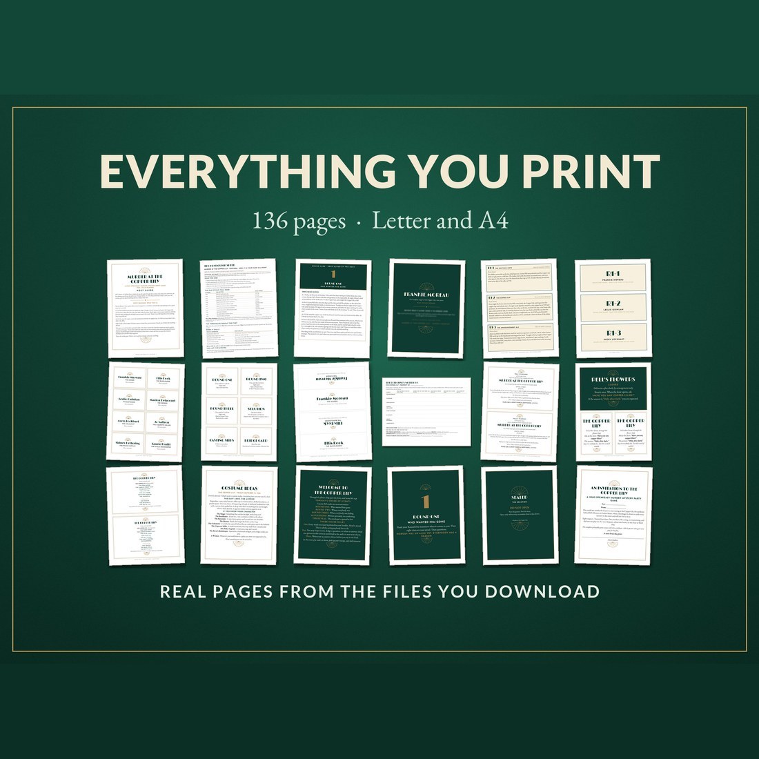 Everything you print: real pages from the files, including the host guide, round card, booklet cover, clue cards, labels, tents, invitation, door card, menu, signs, sealed cover and gift certificate. 136 pages, Letter and A4.